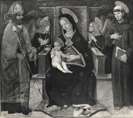 Anonimo — Lorenzo di Giovanni de Carolis da Matelica - sec. XV/ XVI - Madonna con Bambino in trono, san Nicola di Bari, san Francesco d'Assisi e angeli — insieme